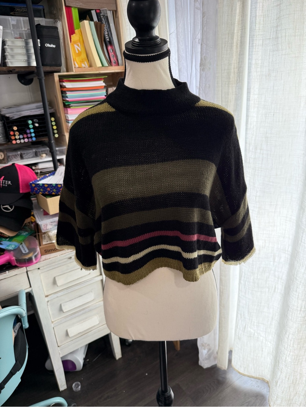 Hot Topic Striped Cropped Turtleneck Sweater - Black, Olive & Pink